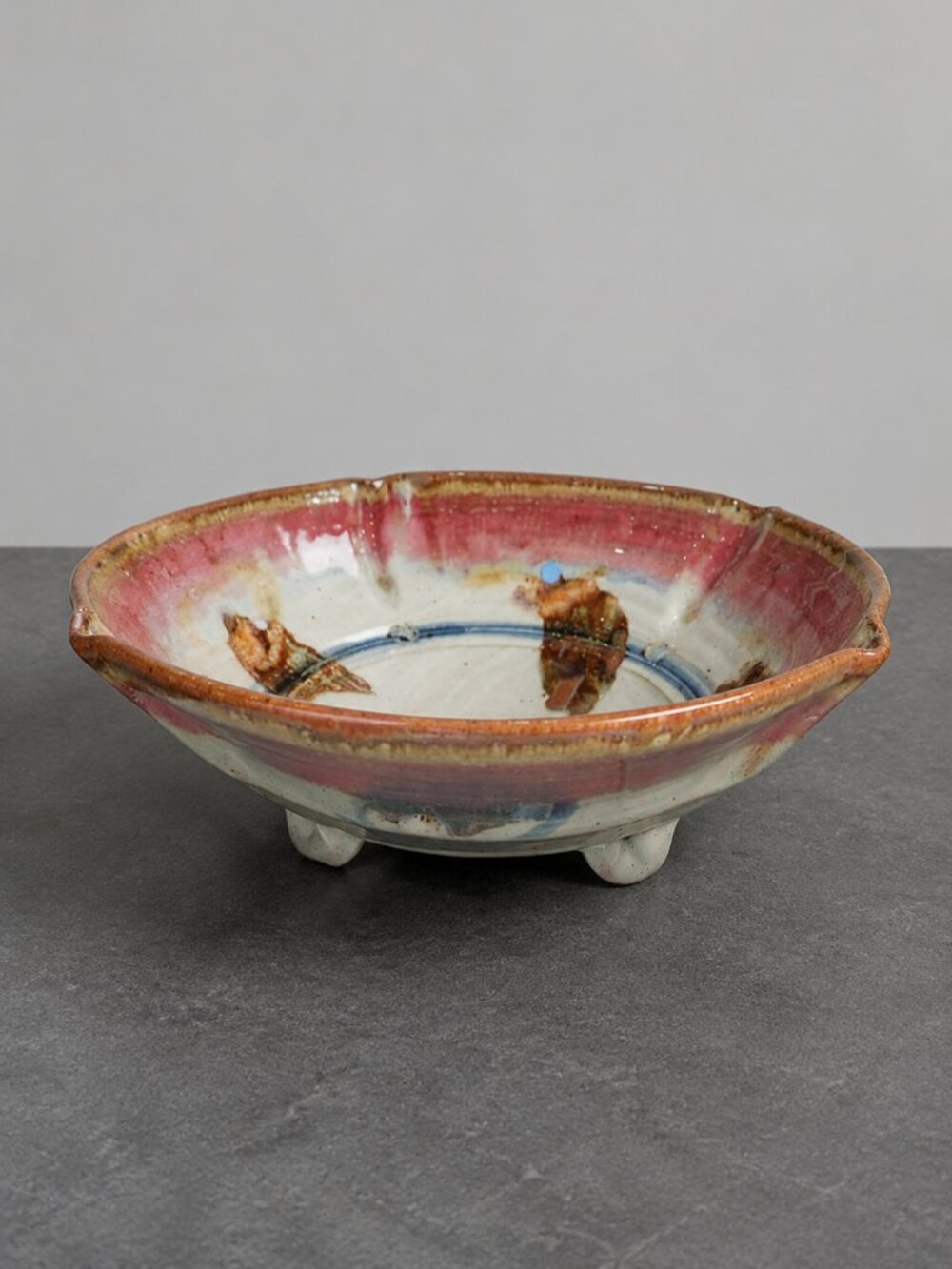 Handmade ET Signed Artisan Ceramic Berry Bowl Rustic Glazed Footed Colander
